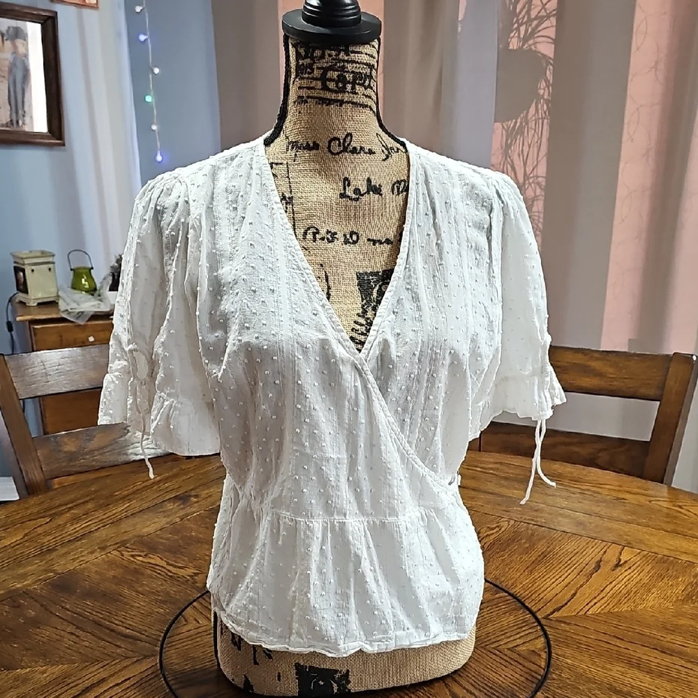 Madewell White Swiss Dot Wrap Peplum Top